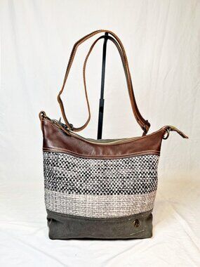 Myra Bags Canvas Leather Stripe Boho Hippie Cross Body Bucket Bag